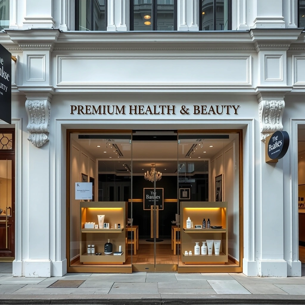 Premium Health & Beauty flagship store exterior with elegant storefront