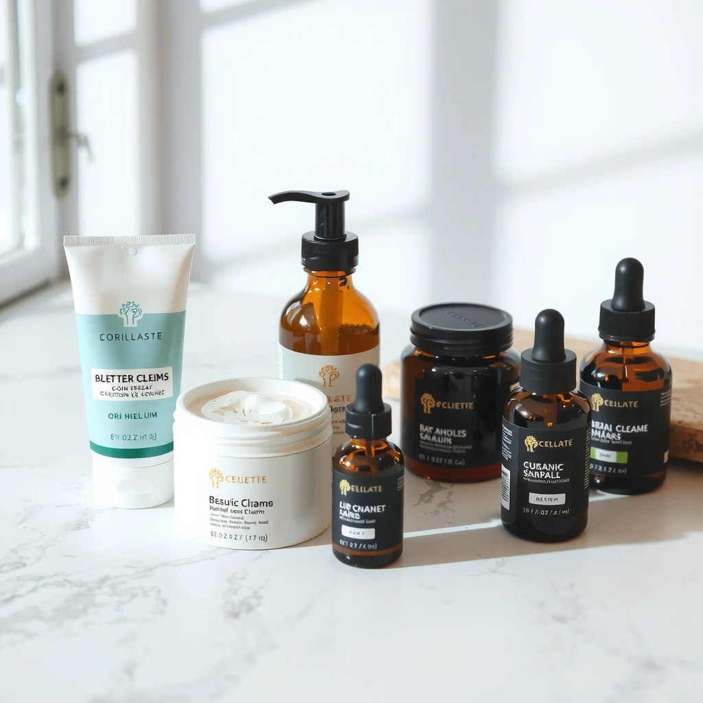 Premium natural health and beauty products arranged elegantly on marble surface with soft natural lighting